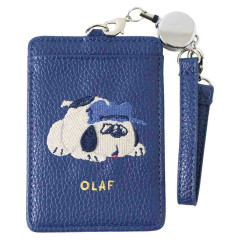 Japan Peanuts Pass Case Card Holder & Reel - Olaf : Embroidery Blue