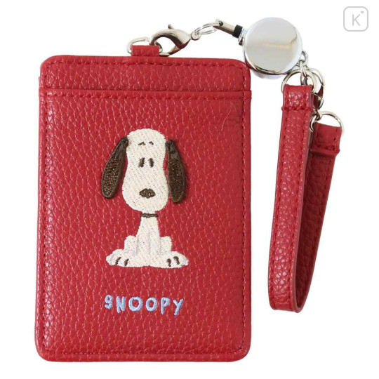 Japan Peanuts Pass Case Card Holder & Reel - Snoopy : Embroidery Wine Red - 1