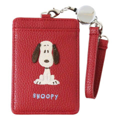 Japan Peanuts Pass Case Card Holder & Reel - Snoopy : Embroidery Wine Red