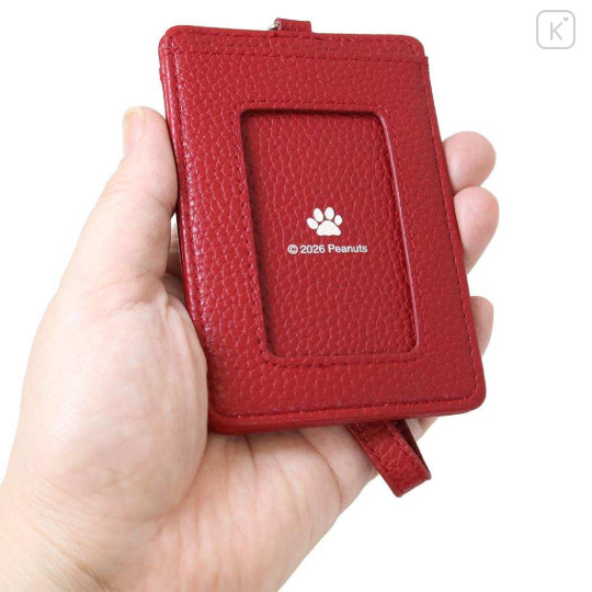 Japan Peanuts Pass Case Card Holder & Reel - Snoopy : Embroidery Wine Red - 2