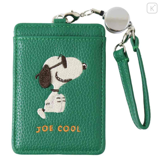 Japan Peanuts Pass Case Card Holder & Reel - Snoopy : Joe Cool Embroidery Deep Green - 1
