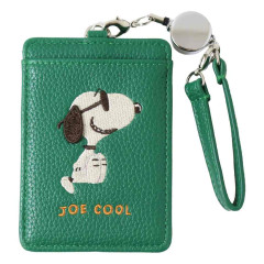 Japan Peanuts Pass Case Card Holder & Reel - Snoopy : Joe Cool Embroidery Deep Green