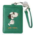 Japan Peanuts Pass Case Card Holder & Reel - Snoopy : Joe Cool Embroidery Deep Green - 1