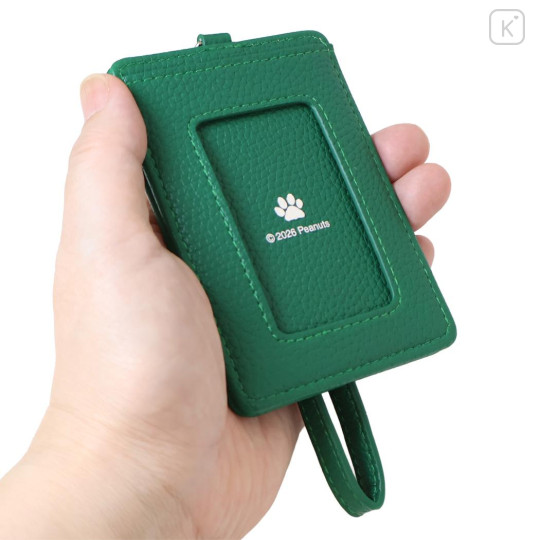 Japan Peanuts Pass Case Card Holder & Reel - Snoopy : Joe Cool Embroidery Deep Green - 2