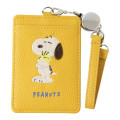 Japan Peanuts Pass Case Card Holder & Reel - Snoopy & Woodstock : Embroidery Yellow - 1