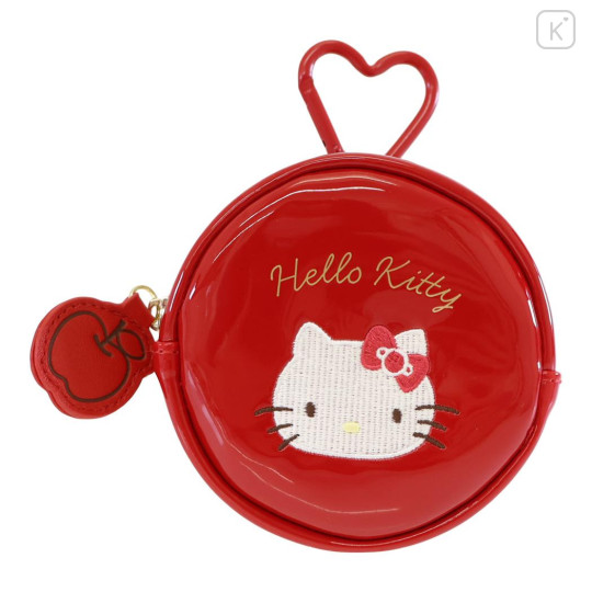 Japan Sanrio Mini Round Accessory Pouch with Carabiner - Hello Kitty : Patent Leather Red Apple - 1