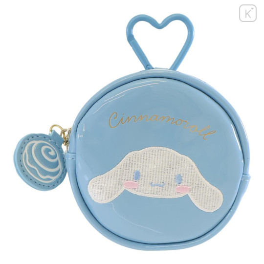 Japan Sanrio Mini Round Accessory Pouch with Carabiner - Cinnamoroll : Patent Leather Light Blue - 1