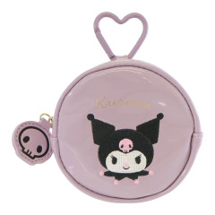 Japan Sanrio Mini Round Accessory Pouch with Carabiner - Kuromi : Patent Leather Light Purple