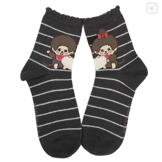 Japan Monchhichi Low Crew Socks - Monchhichi-chan & Monchhichi-kun : Black Striped Frill - 1
