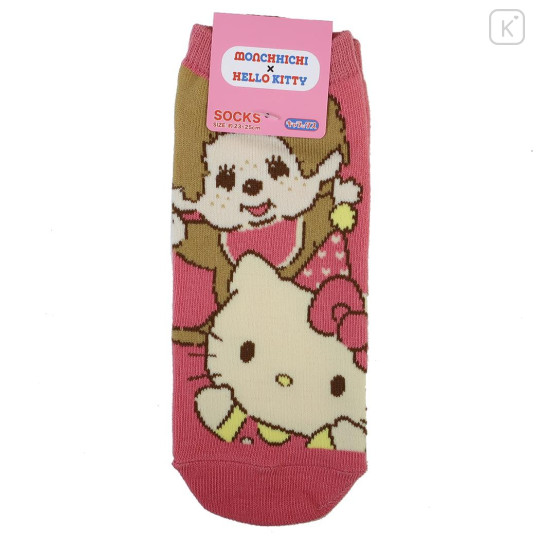 Japan Monchhichi × Sanrio Socks - Hello Kitty & Monchhichi-kun : Pastel Red - 1