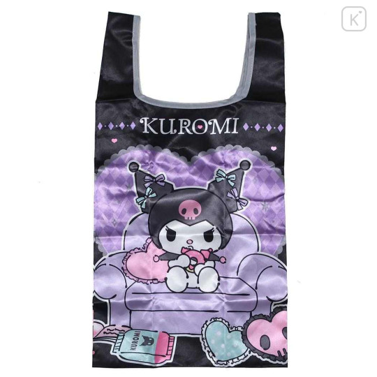 Japan Sanrio Satin Eco Bag with Pouch - Kuromi : Queen Chair Black - 1