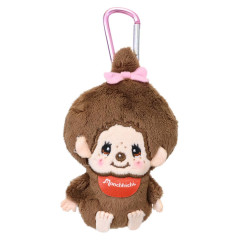 Japan Monchhichi Fluffy Plush Mini Pouch with Carabiner - Monchhichi-chan : Sitting