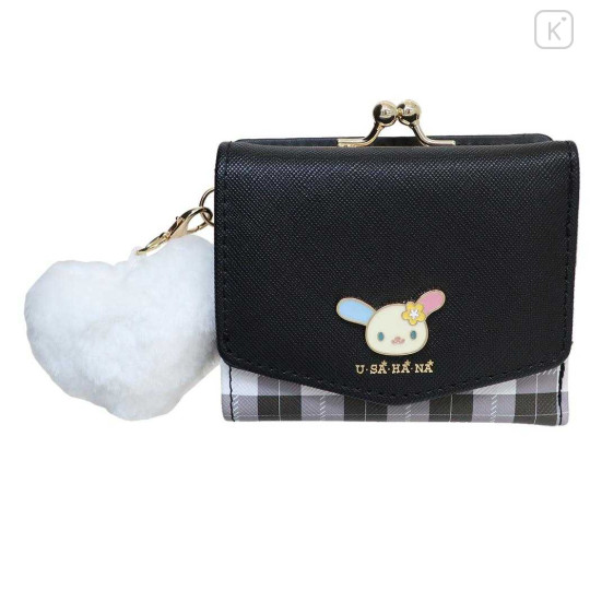 Japan Sanrio Plaid Badge Compact Wallet - Usahana : Black - 1