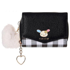 Japan Sanrio Plaid Badge Trifold Compact Wallet - Usahana : Black