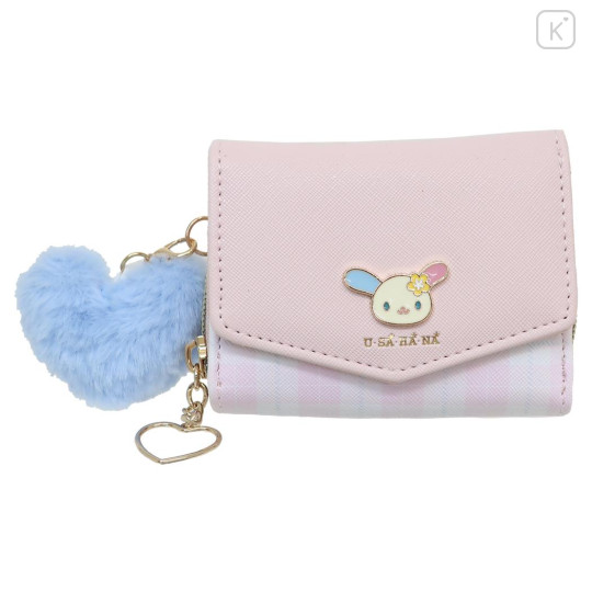 Japan Sanrio Plaid Badge Trifold Compact Wallet - Usahana : Pink - 1