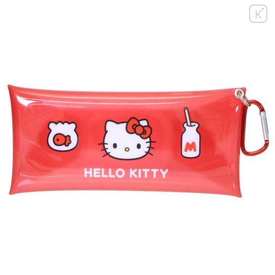Japan Sanrio Long Clear Pouch with Carabiner - Hello Kitty : Red - 1
