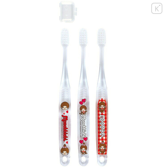 Japan Monchhichi Kids Toothbrush Set - Monchhichi-chan & Monchhichi-kun : Gingham Red - 1