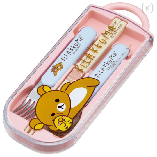 Japan San-X Bento Lunch Cutlery Set Spoon Fork Chopstick - Kiiroitori & Rilakkuma : Relax Pink - 1