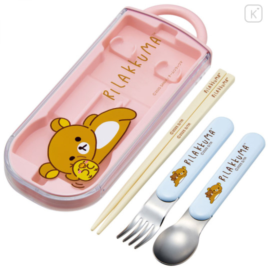 Japan San-X Bento Lunch Cutlery Set Spoon Fork Chopstick - Kiiroitori & Rilakkuma : Relax Pink - 2