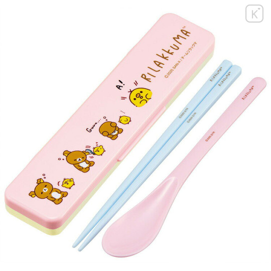 Japan San-X Chopsticks 18cm & Spoon with Case - Kiiroitori & Rilakkuma : Relax Pink - 1