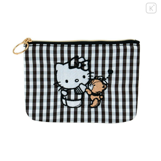 Japan Sanrio Flat Pouch - Hello Kitty & Tiny Chum : Grid Black - 1