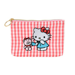 Japan Sanrio Flat Pouch - Hello Kitty & Tiny Chum : Grid Red