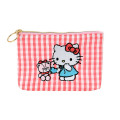 Japan Sanrio Flat Pouch - Hello Kitty & Tiny Chum : Grid Red - 1