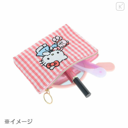 Japan Sanrio Flat Pouch - Hello Kitty & Tiny Chum : Grid Red - 4