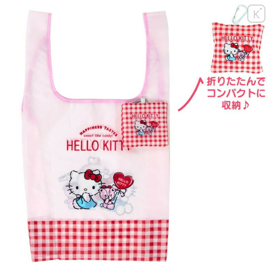 Japan Sanrio Tetemo Eco Bag - Hello Kitty & Tiny Chum : Grid Red - 1