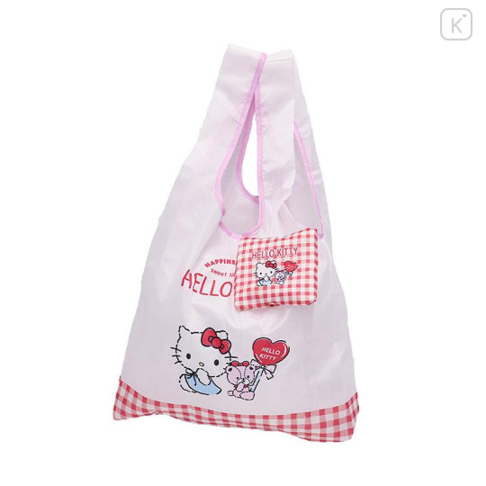 Japan Sanrio Tetemo Eco Bag - Hello Kitty & Tiny Chum : Grid Red - 5