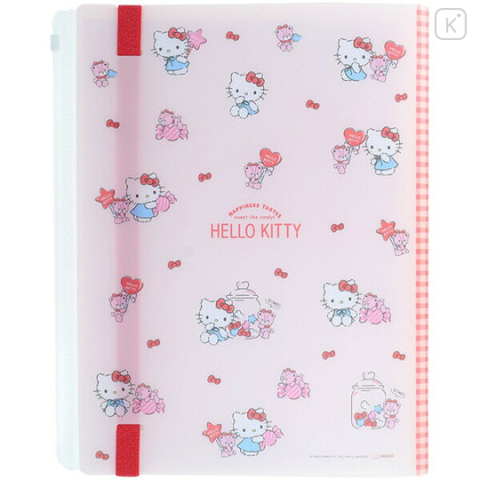 Japan Sanrio 5 Pockets A4 Clear File with Elastic Band - Hello Kitty & Tiny Chum : Grid Red - 2