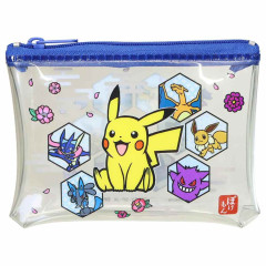 Japan Pokemon Mini Clear Flat Pouch - Charizard / Lizardon & Eevee & Pikachu : Japanese Sakura Blue