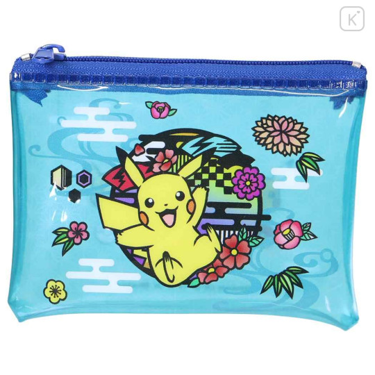 Japan Pokemon Mini Clear Flat Pouch - Pikachu : Japanese Plum Blossom Blue - 1