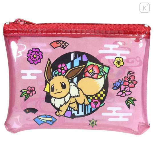 Japan Pokemon Mini Clear Flat Pouch - Eevee : Japanese Plum Blossom Red - 1