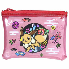 Japan Pokemon Mini Clear Flat Pouch - Eevee : Japanese Plum Blossom Red