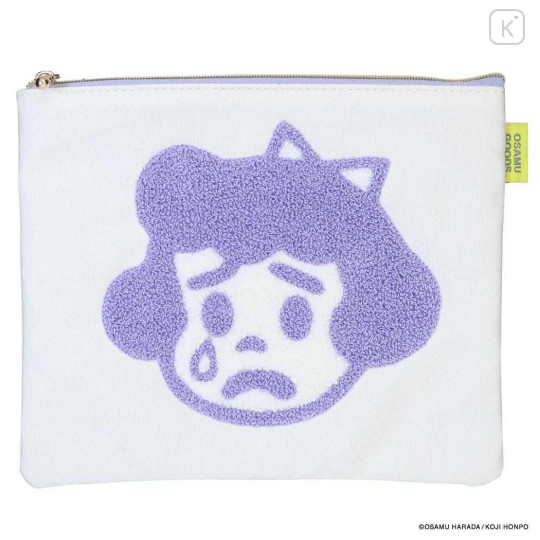 Japan Osamu Goods Embroidery Flat Cosmetic Pouch - Crying Girl White Purple - 1