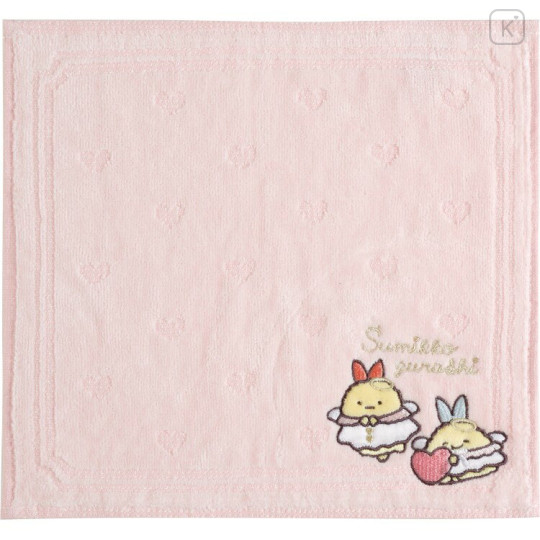 Japan San-X Embroidered Mini Towel - Sumikko Gurashi : Angel and Devil's Tail Ebifurai no Shippo Fried Shrimp Pink - 1