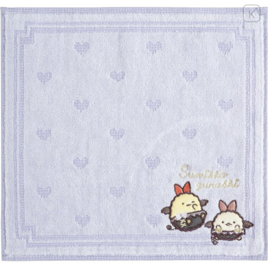 Japan San-X Embroidered Mini Towel - Sumikko Gurashi : Angel and Devil's Tail Ebifurai no Shippo Fried Shrimp Purple - 1
