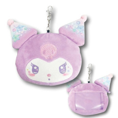 Japan Sanrio Plush Pass Case Card Holder Pouch & Reel - Kuromi : Sparkling Face