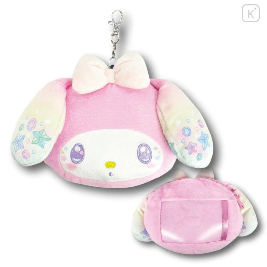 Japan Sanrio Plush Pass Case Card Holder Pouch & Reel - My Melody : Sparkling Face - 1