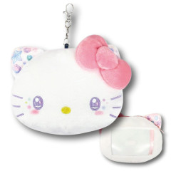 Japan Sanrio Plush Pass Case Card Holder Pouch & Reel - Hello Kitty : Sparkling Face