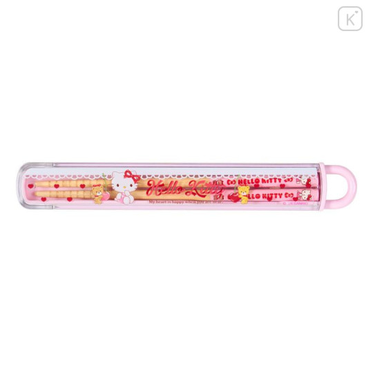 Japan Sanrio Original Bamboo Chopsticks 16.5cm with Case - Hello Kitty & Tiny Chum : Cherry Pink - 1
