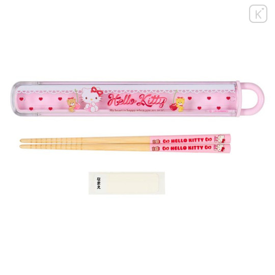 Japan Sanrio Original Bamboo Chopsticks 16.5cm with Case - Hello Kitty & Tiny Chum : Cherry Pink - 2