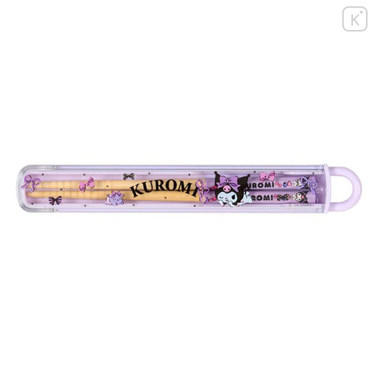 Japan Sanrio Original Bamboo Chopsticks 16.5cm with Case - Kuromi : Baku Ribbon Purple - 1