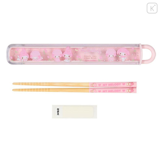 Japan Sanrio Original Bamboo Chopsticks 16.5cm with Case - My Melody & My Sweet Piano : Tulip Pink - 2