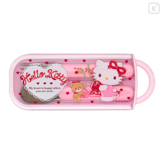 Japan Sanrio Original Bento Lunch Cutlery Set Spoon Fork - Hello Kitty & Tiny Chum : Cherry Pink - 1