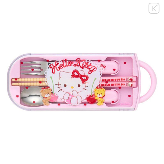 Japan Sanrio Original Bento Lunch Cutlery Set Spoon Fork Chopstick - Hello Kitty & Tiny Chum : Cherry Pink - 1