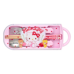 Japan Sanrio Original Bento Lunch Cutlery Set Spoon Fork Chopstick - Hello Kitty & Tiny Chum : Cherry Pink