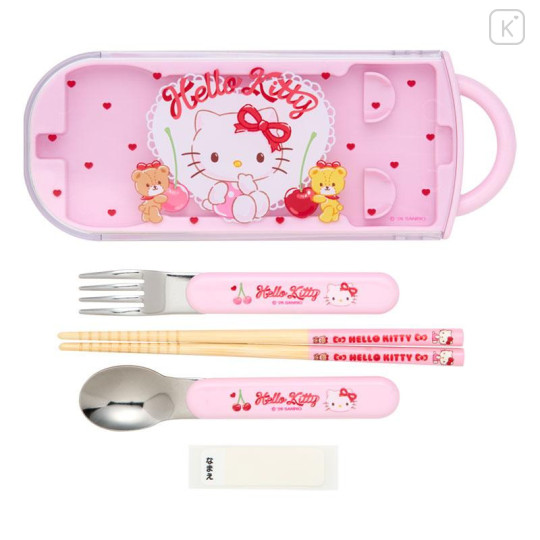Japan Sanrio Original Bento Lunch Cutlery Set Spoon Fork Chopstick - Hello Kitty & Tiny Chum : Cherry Pink - 2