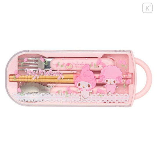 Japan Sanrio Original Bento Lunch Cutlery Set Spoon Fork Chopstick - My Melody & My Sweet Piano : Tulip Pink - 1